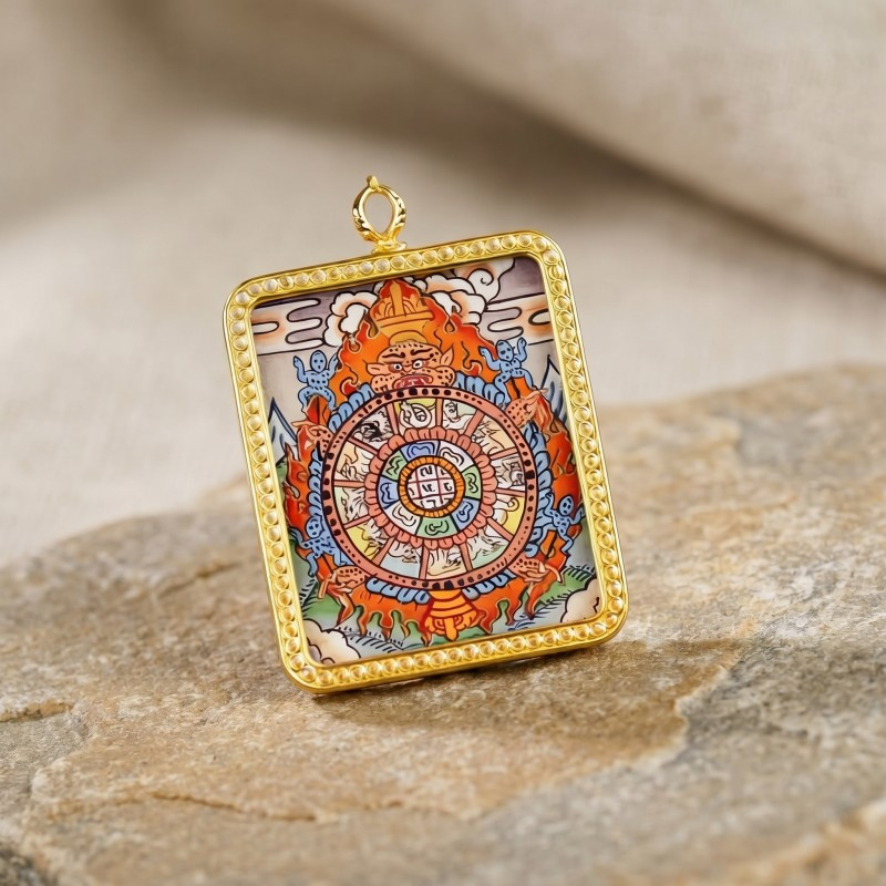 Samsara Wheel (Bhavachakra) Hand-Painted Thangka Pendant | Amulet for Karmic Awareness & Protection thumbnail