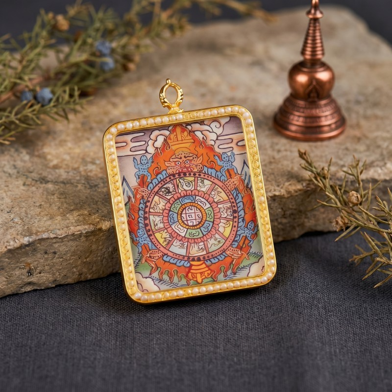 Samsara Wheel (Bhavachakra) Hand-Painted Thangka Pendant | Amulet for Karmic Awareness & Protection thumbnail