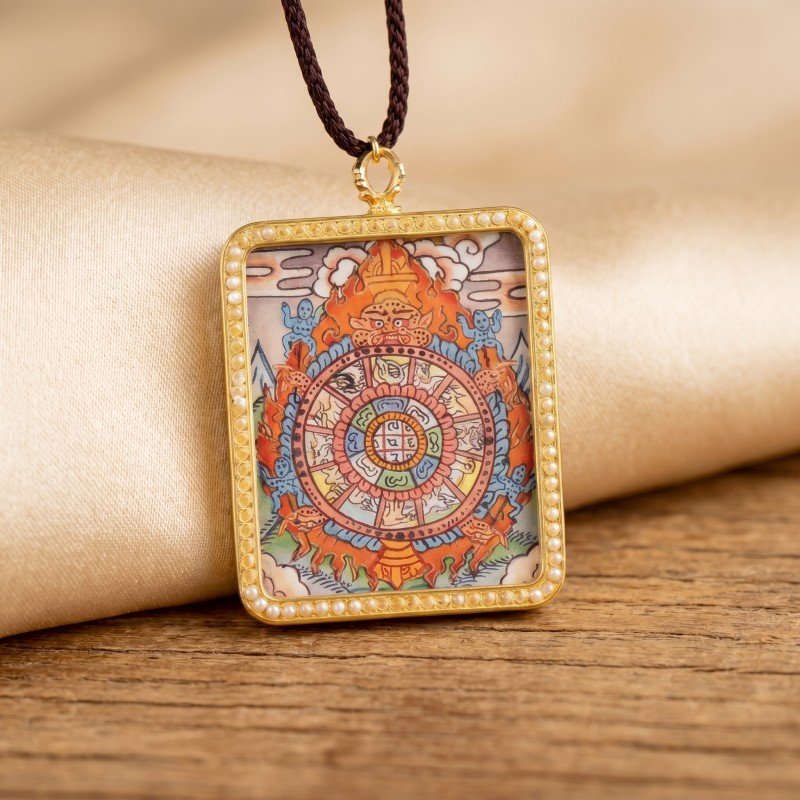 Samsara Wheel (Bhavachakra) Hand-Painted Thangka Pendant | Amulet for Karmic Awareness & Protection thumbnail