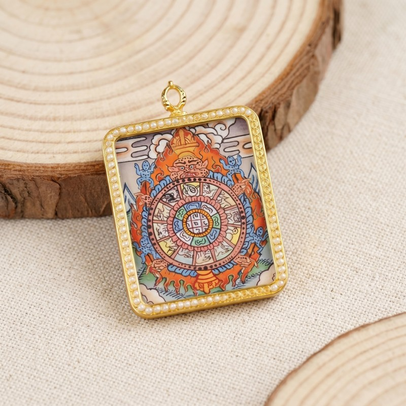 Samsara Wheel (Bhavachakra) Hand-Painted Thangka Pendant | Amulet for Karmic Awareness & Protection thumbnail