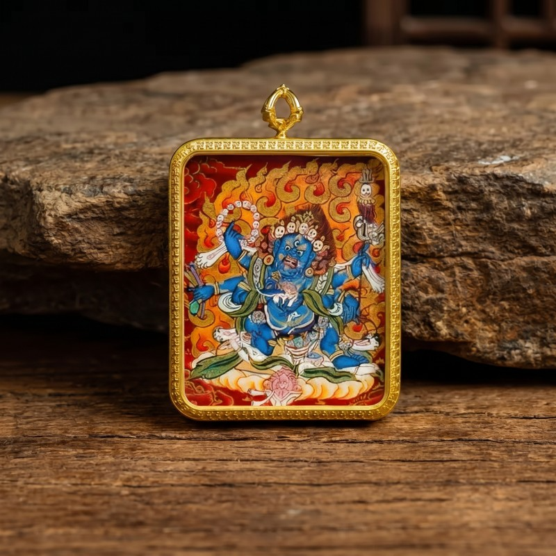 Six-Armed Mahakala Hand-Painted Thangka Pendant | Fierce Dharma Protector Amulet Against Harm & Obstacles thumbnail