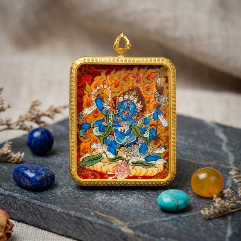 Six-Armed Mahakala Hand-Painted Thangka Pendant | Fierce Dharma Protector Amulet Against Harm & Obstacles thumbnail