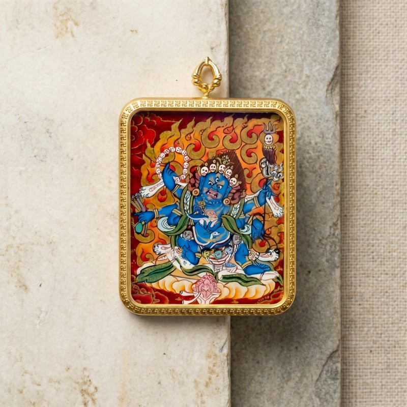 Six-Armed Mahakala Hand-Painted Thangka Pendant | Fierce Dharma Protector Amulet Against Harm & Obstacles thumbnail