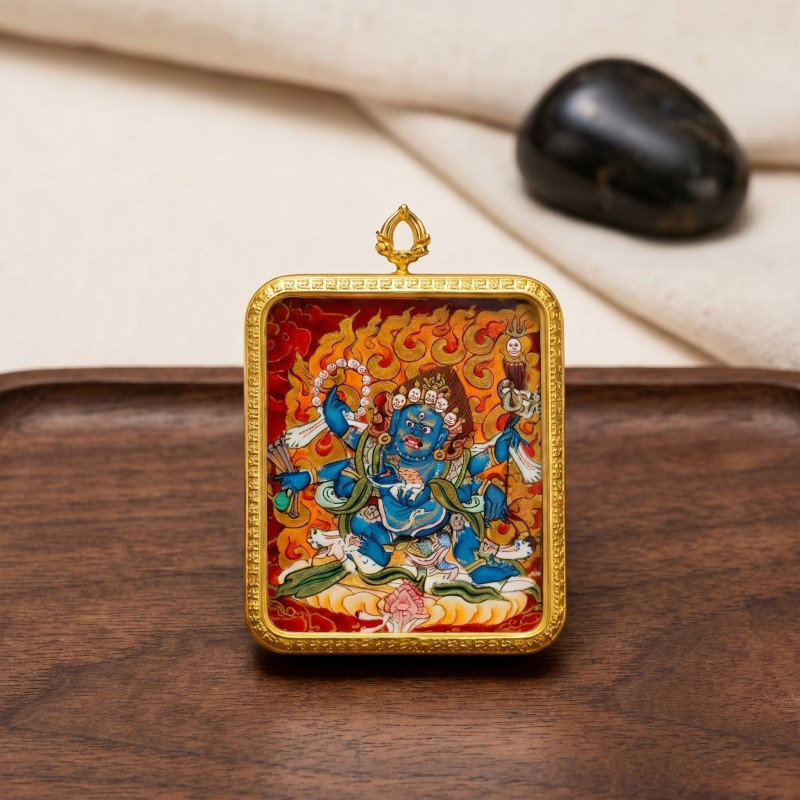Six-Armed Mahakala Hand-Painted Thangka Pendant | Fierce Dharma Protector Amulet Against Harm & Obstacles thumbnail