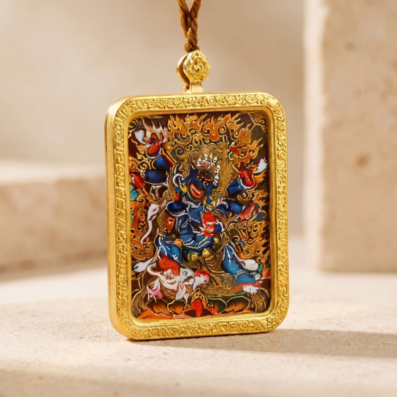 Six-Armed Mahakala Hand-Painted Thangka Pendant | Fierce Protector of the Dharma Amulet thumbnail