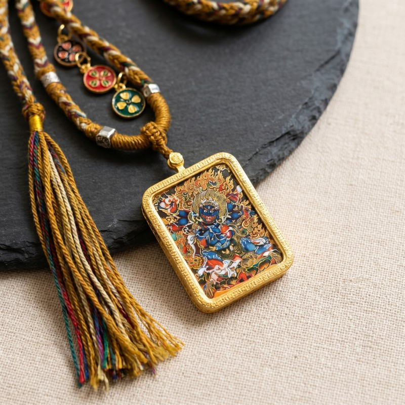 Six-Armed Mahakala Hand-Painted Thangka Pendant | Fierce Protector of the Dharma Amulet thumbnail
