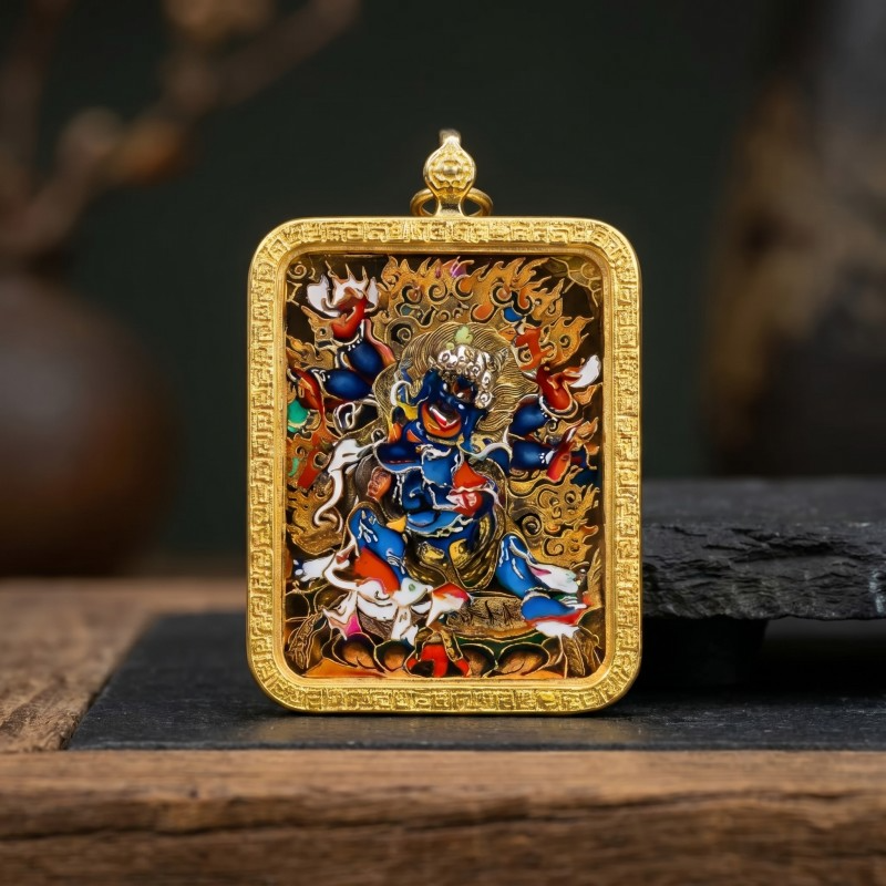 Six-Armed Mahakala Hand-Painted Thangka Pendant | Fierce Protector of the Dharma Amulet thumbnail