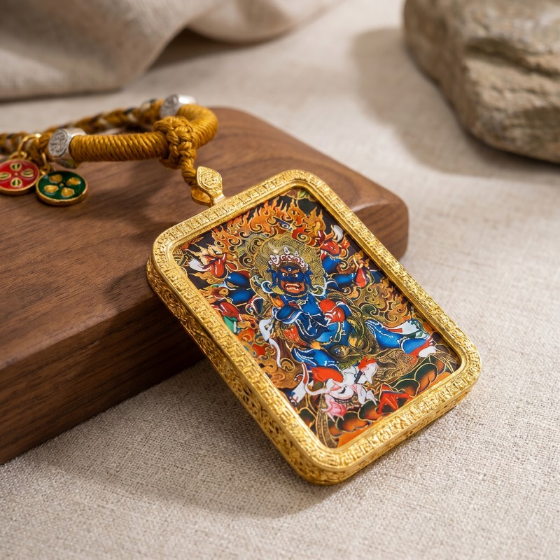Six-Armed Mahakala Hand-Painted Thangka Pendant | Fierce Protector of the Dharma Amulet thumbnail