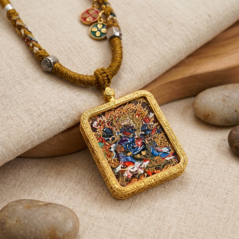 Six-Armed Mahakala Hand-Painted Thangka Pendant | Fierce Protector of the Dharma Amulet thumbnail