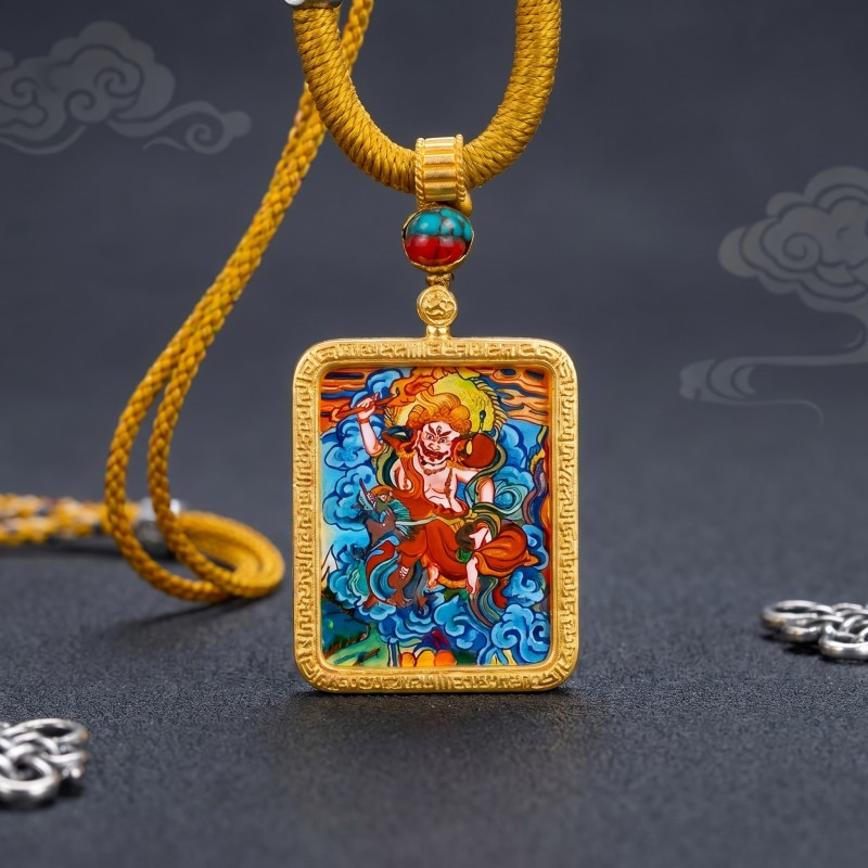 Six-Armed Mahakala Hand-Painted Thangka Pendant | Protector of Dharma & Spiritual Power Amulet thumbnail