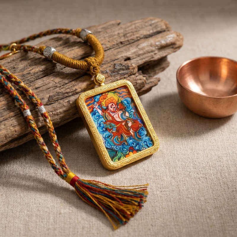 Six-Armed Mahakala Hand-Painted Thangka Pendant | Protector of Dharma & Spiritual Power Amulet thumbnail