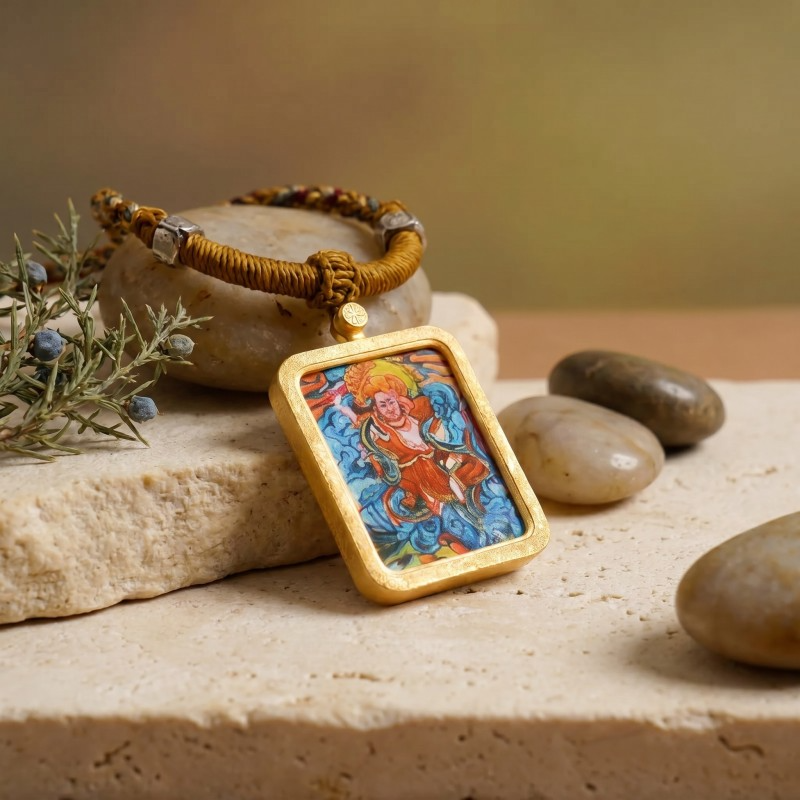 Six-Armed Mahakala Hand-Painted Thangka Pendant | Protector of Dharma & Spiritual Power Amulet thumbnail