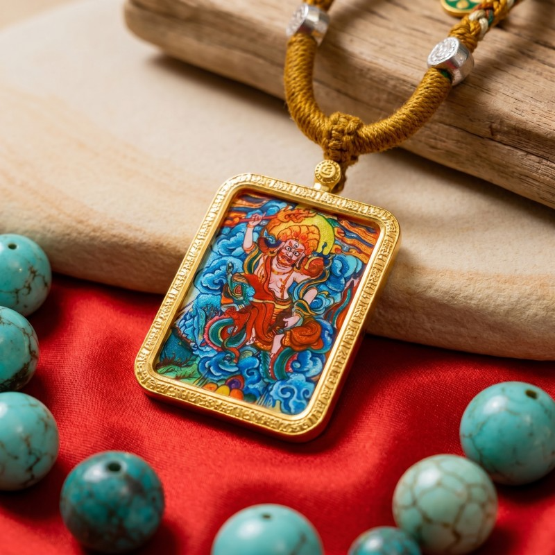 Six-Armed Mahakala Hand-Painted Thangka Pendant | Protector of Dharma & Spiritual Power Amulet thumbnail