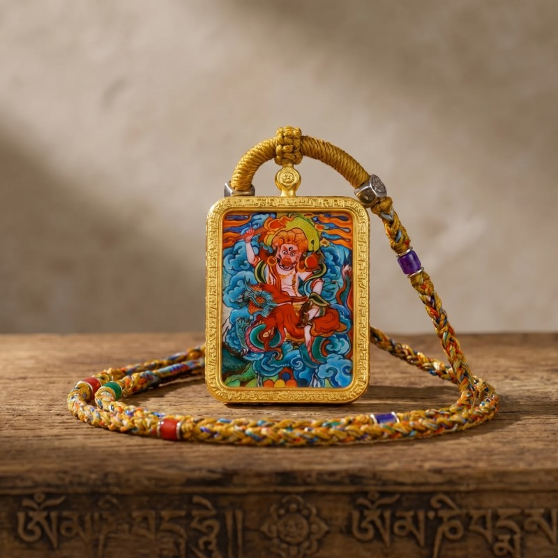 Six-Armed Mahakala Hand-Painted Thangka Pendant | Protector of Dharma & Spiritual Power Amulet thumbnail
