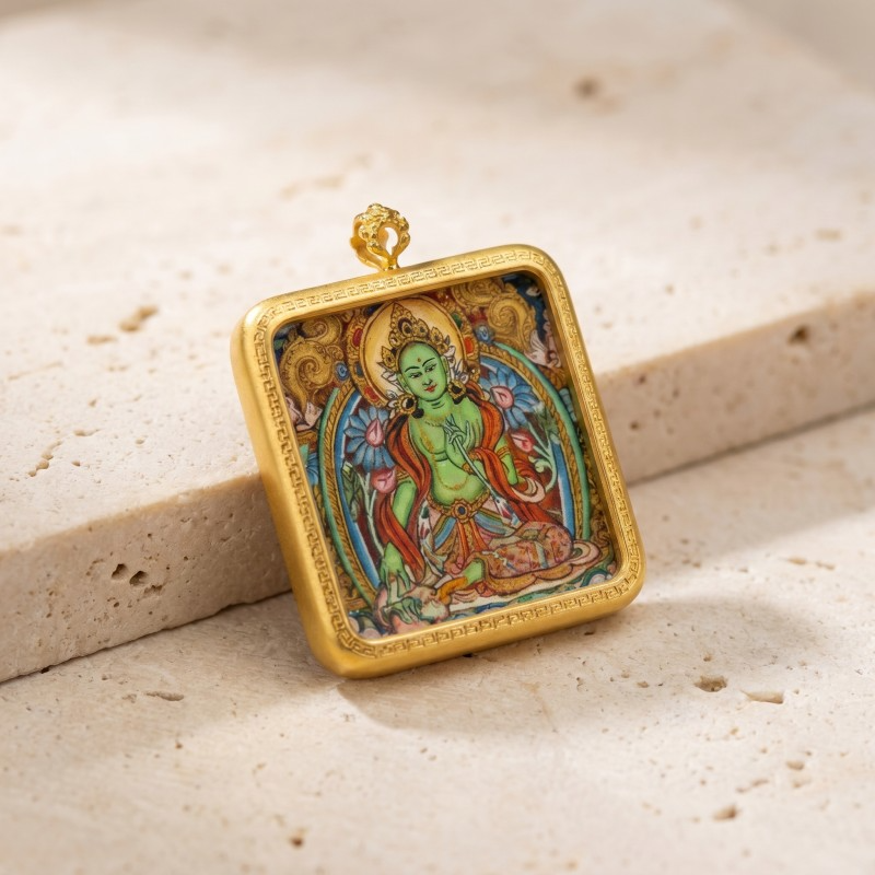 Standing Green Tara Hand-Painted Thangka Pendant | Goddess of Compassion & Swift Protection Amulet thumbnail