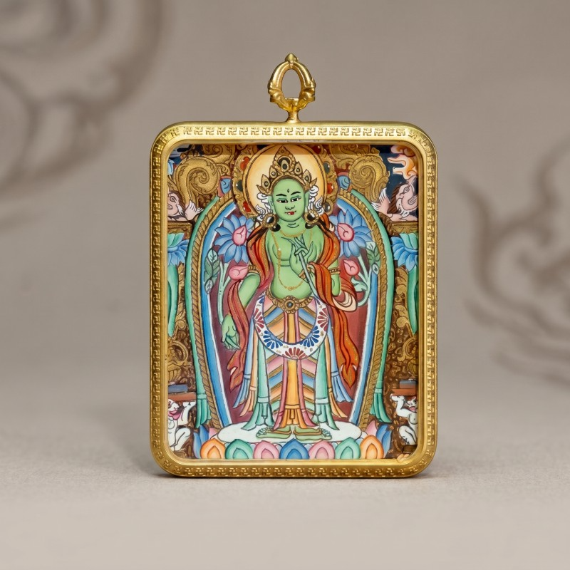 Standing Green Tara Hand-Painted Thangka Pendant | Goddess of Compassion & Swift Protection Amulet thumbnail
