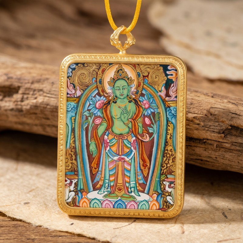 Standing Green Tara Hand-Painted Thangka Pendant | Goddess of Compassion & Swift Protection Amulet thumbnail