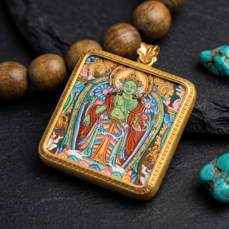 Standing Green Tara Hand-Painted Thangka Pendant | Goddess of Compassion & Swift Protection Amulet thumbnail