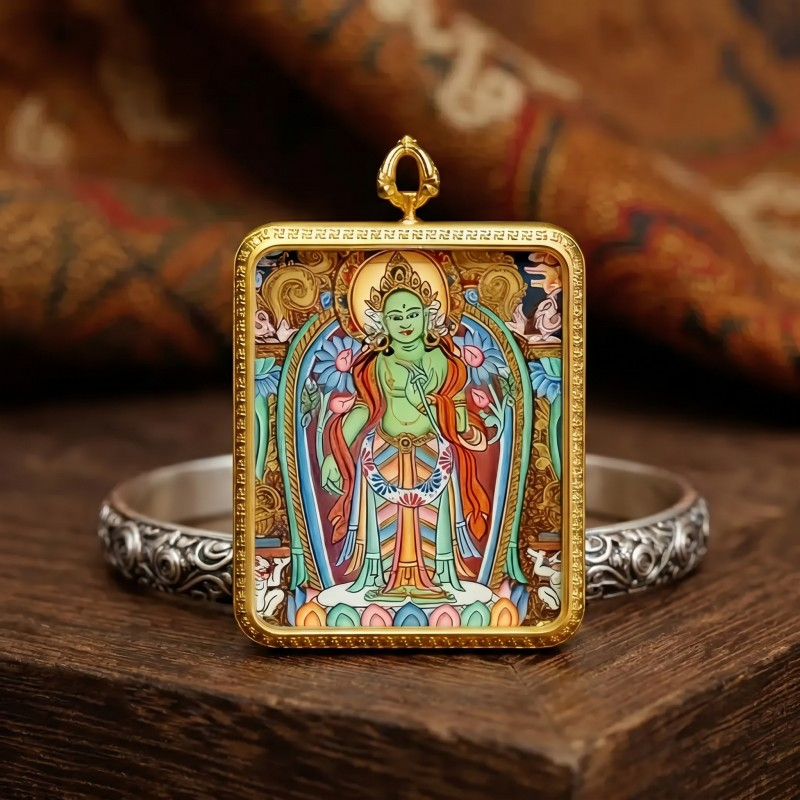 Standing Green Tara Hand-Painted Thangka Pendant | Goddess of Compassion & Swift Protection Amulet thumbnail