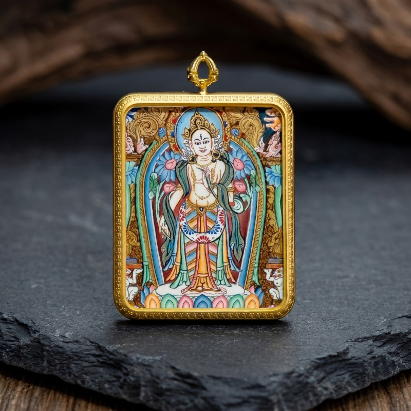 Standing White Tara Hand-Painted Thangka Pendant | Goddess of Longevity & Compassion Amulet thumbnail