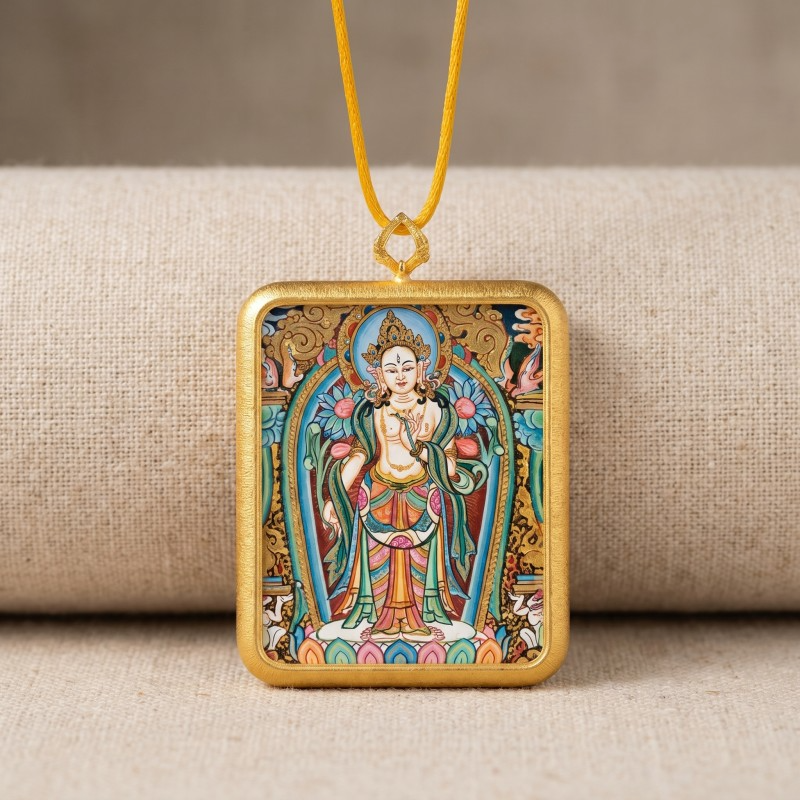 Standing White Tara Hand-Painted Thangka Pendant | Goddess of Longevity & Compassion Amulet thumbnail
