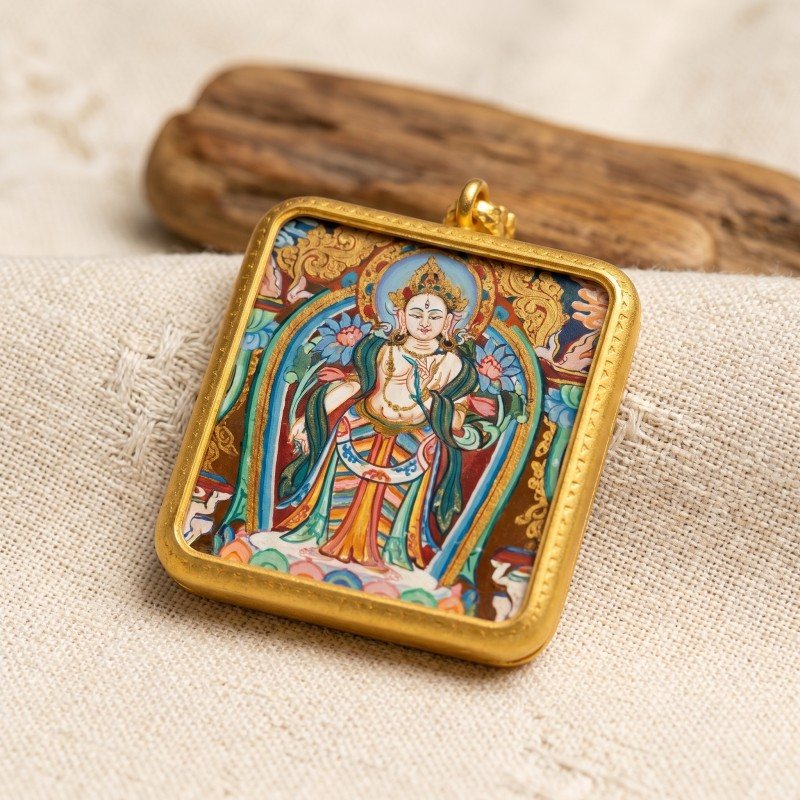 Standing White Tara Hand-Painted Thangka Pendant | Goddess of Longevity & Compassion Amulet thumbnail
