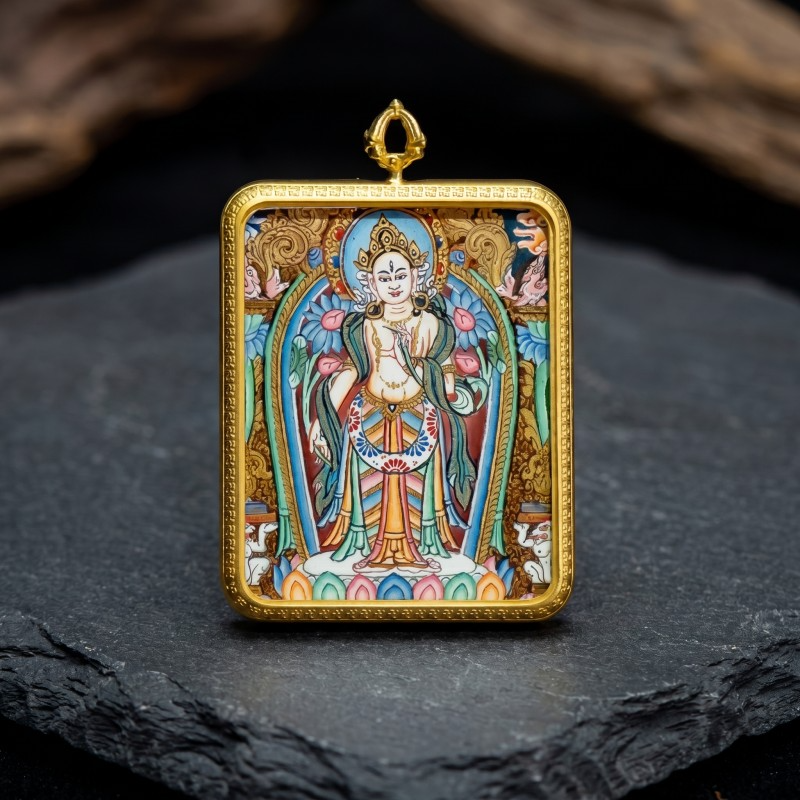 Standing White Tara Hand-Painted Thangka Pendant | Goddess of Longevity & Compassion Amulet thumbnail