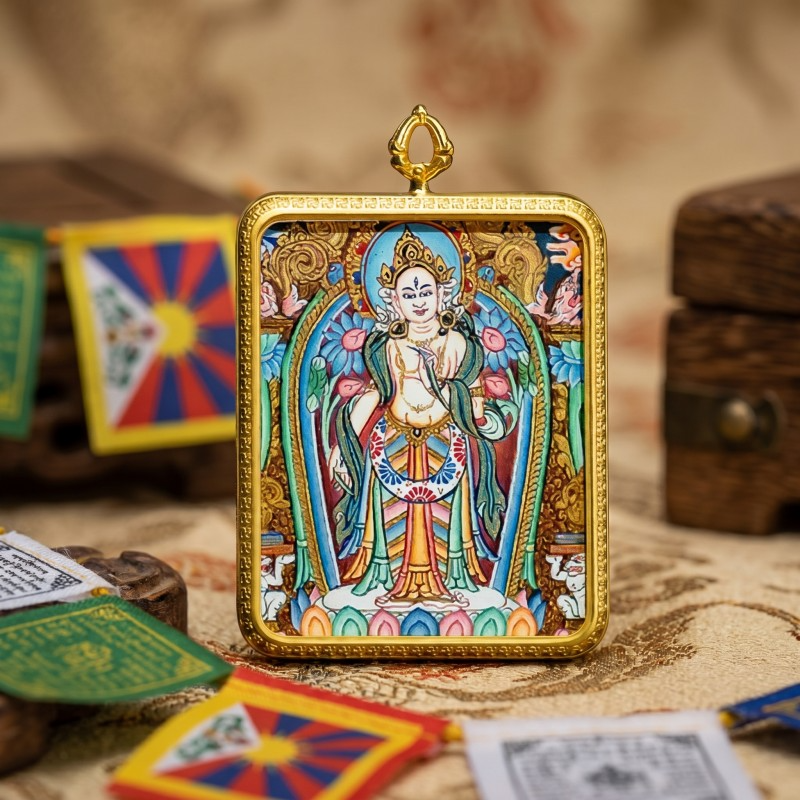 Standing White Tara Hand-Painted Thangka Pendant | Goddess of Longevity & Compassion Amulet thumbnail