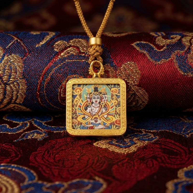 Thousand-Armed Chenrezig (Avalokiteshvara) Hand-Painted Thangka Pendant | Bodhisattva of Universal Compassion Amulet for Protection & Blessings thumbnail