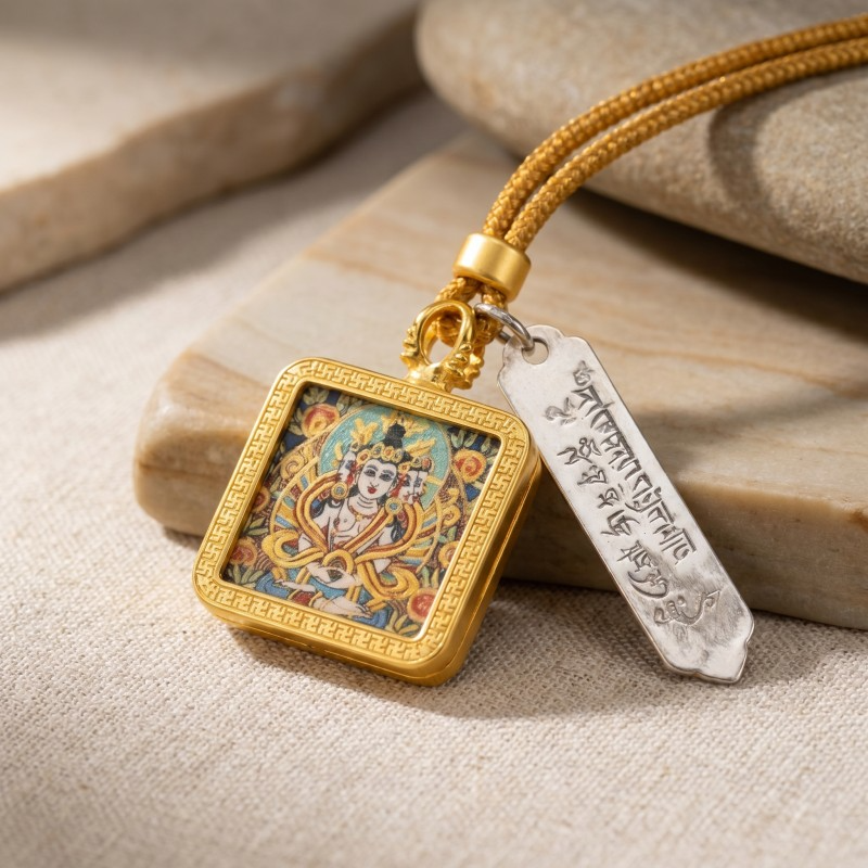 Thousand-Armed Chenrezig (Avalokiteshvara) Hand-Painted Thangka Pendant | Bodhisattva of Universal Compassion Amulet for Protection & Blessings thumbnail