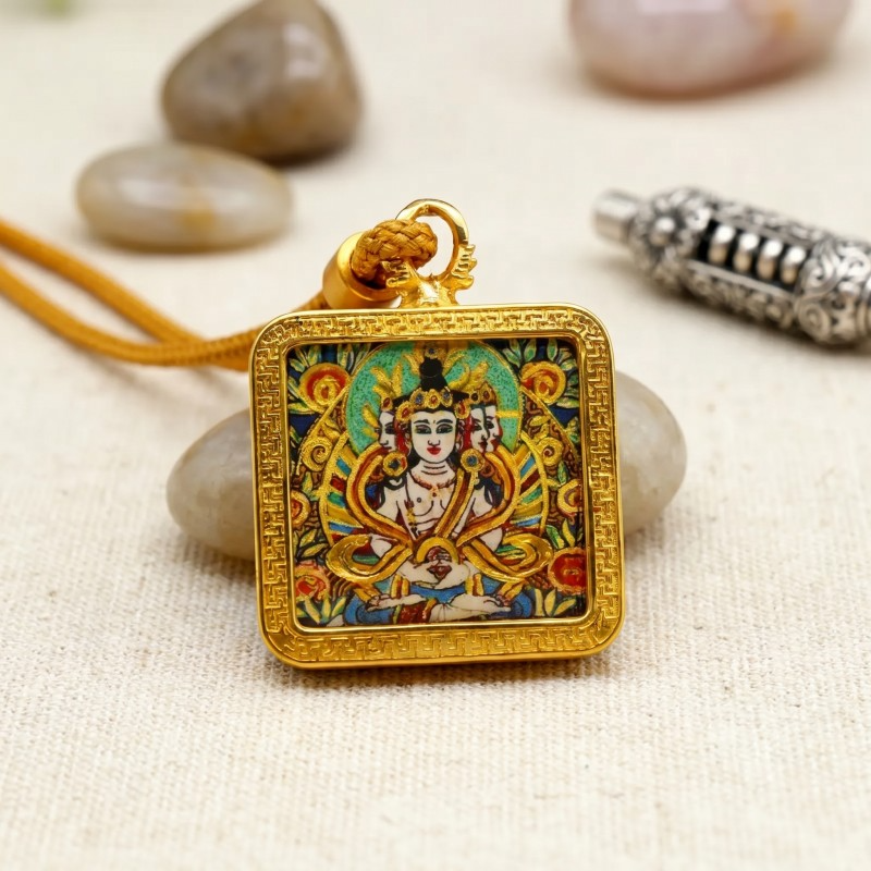 Thousand-Armed Chenrezig (Avalokiteshvara) Hand-Painted Thangka Pendant | Bodhisattva of Universal Compassion Amulet for Protection & Blessings thumbnail