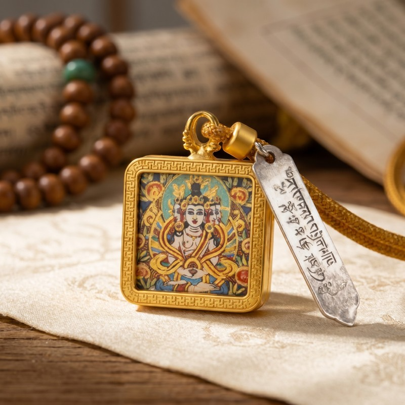 Thousand-Armed Chenrezig (Avalokiteshvara) Hand-Painted Thangka Pendant | Bodhisattva of Universal Compassion Amulet for Protection & Blessings thumbnail