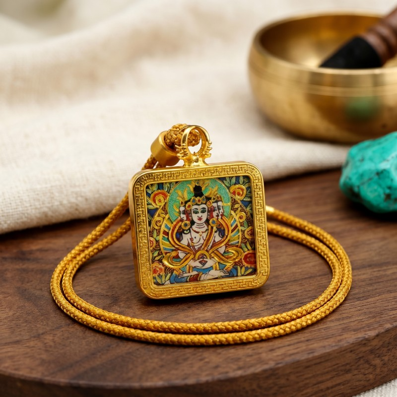 Thousand-Armed Chenrezig (Avalokiteshvara) Hand-Painted Thangka Pendant | Bodhisattva of Universal Compassion Amulet for Protection & Blessings thumbnail