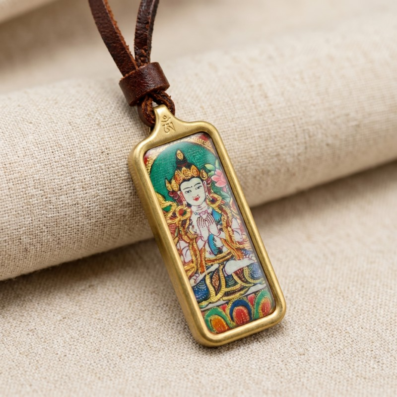 Thousand-Armed Thousand-Eyed Avalokiteshvara Hand-Painted Thangka Pendant | Bodhisattva of Compassion Amulet thumbnail