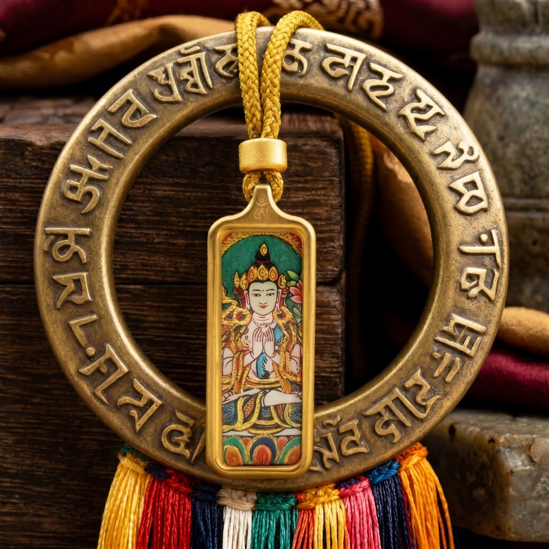 Thousand-Armed Thousand-Eyed Avalokiteshvara Hand-Painted Thangka Pendant | Bodhisattva of Compassion Amulet thumbnail