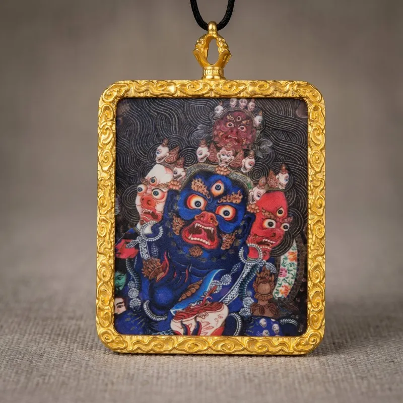 Three-Faced Mahakala Hand-Painted Thangka Pendant | Wrathful Dharma Protector Amulet for Obstacle Removal thumbnail