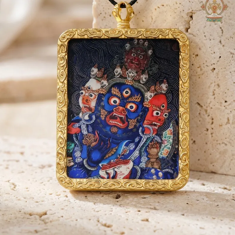 Three-Faced Mahakala Hand-Painted Thangka Pendant | Wrathful Dharma Protector Amulet for Obstacle Removal thumbnail