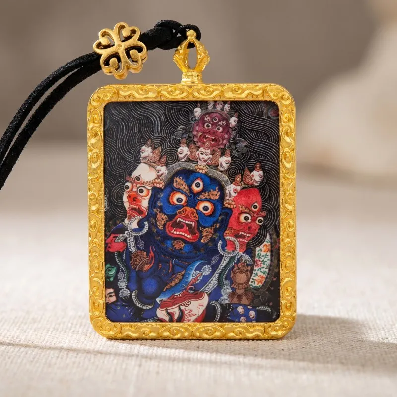 Three-Faced Mahakala Hand-Painted Thangka Pendant | Wrathful Dharma Protector Amulet for Obstacle Removal thumbnail