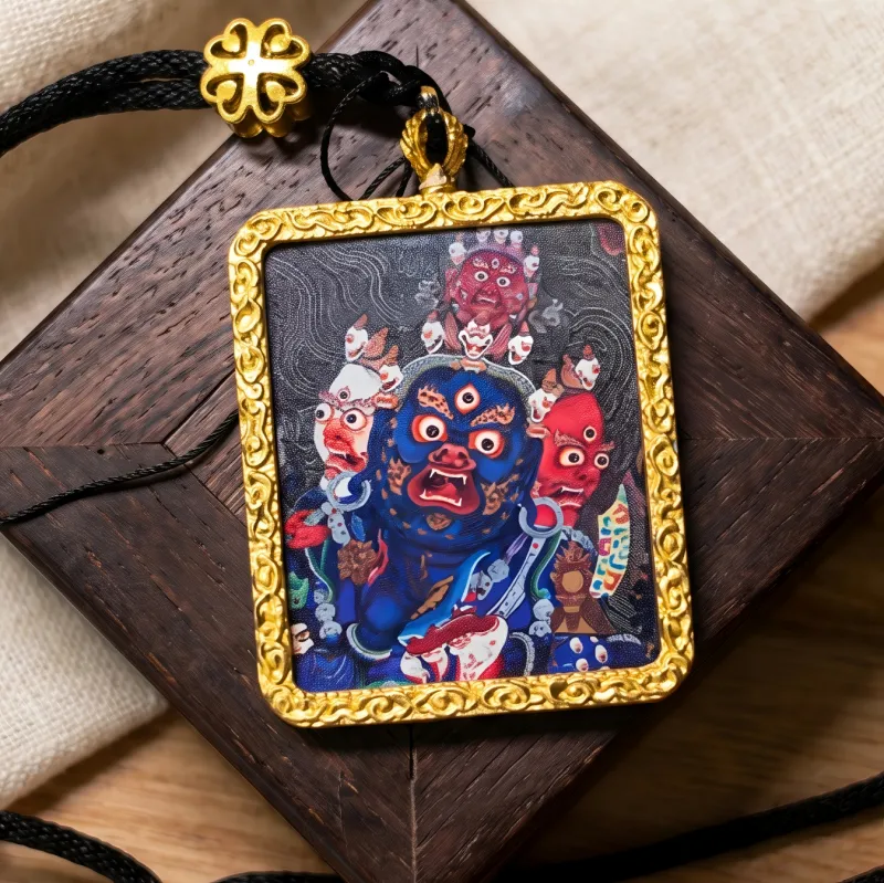 Three-Faced Mahakala Hand-Painted Thangka Pendant | Wrathful Dharma Protector Amulet for Obstacle Removal thumbnail