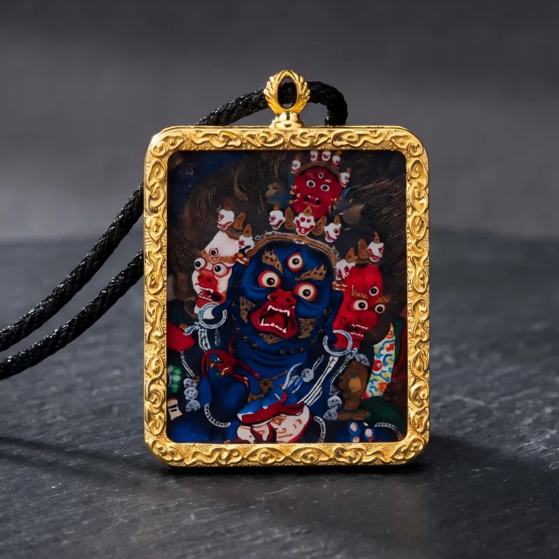 Three-Faced Mahakala Hand-Painted Thangka Pendant | Wrathful Dharma Protector Amulet for Obstacle Removal thumbnail