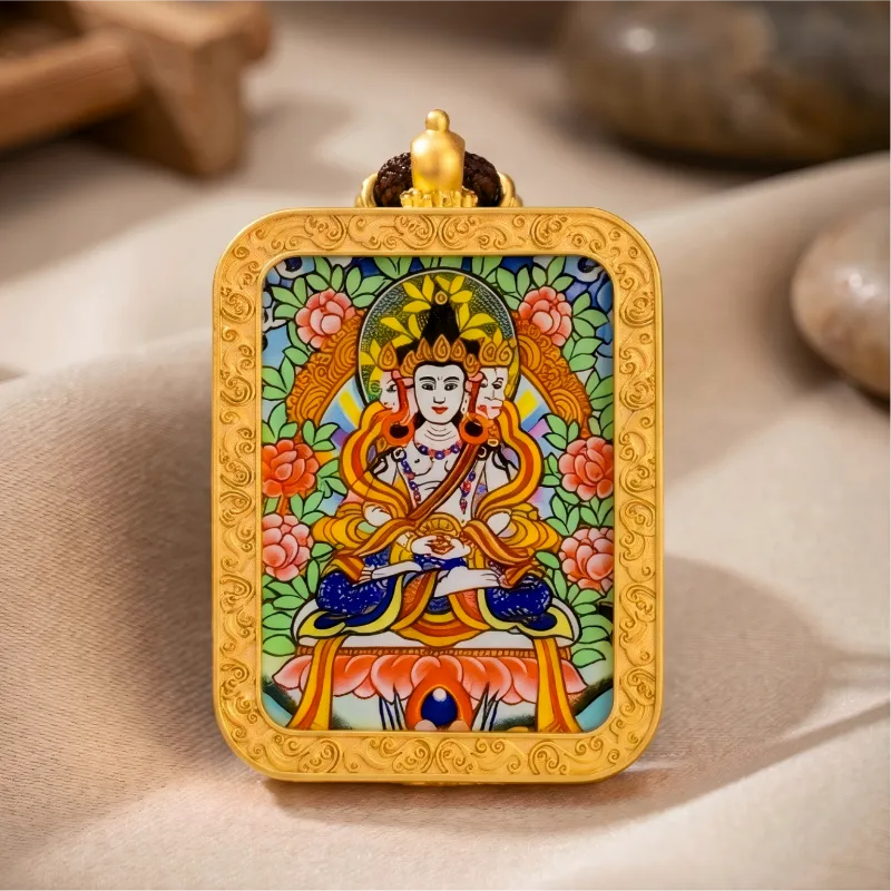 Vairocana Buddha Hand-Painted Thangka Pendant | Cosmic Buddha of Universal Light & Enlightenment Amulet thumbnail