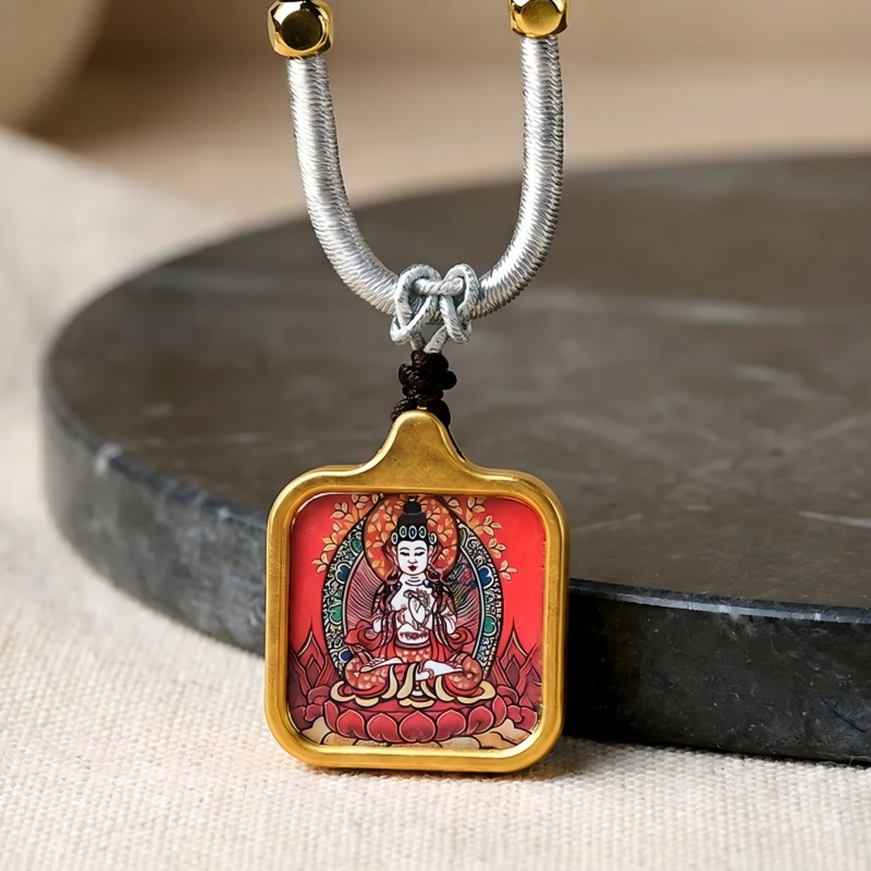 Vairocana Buddha Hand-Painted Thangka Pendant | Cosmic Buddha of Universal Light & Enlightenment Amulet thumbnail