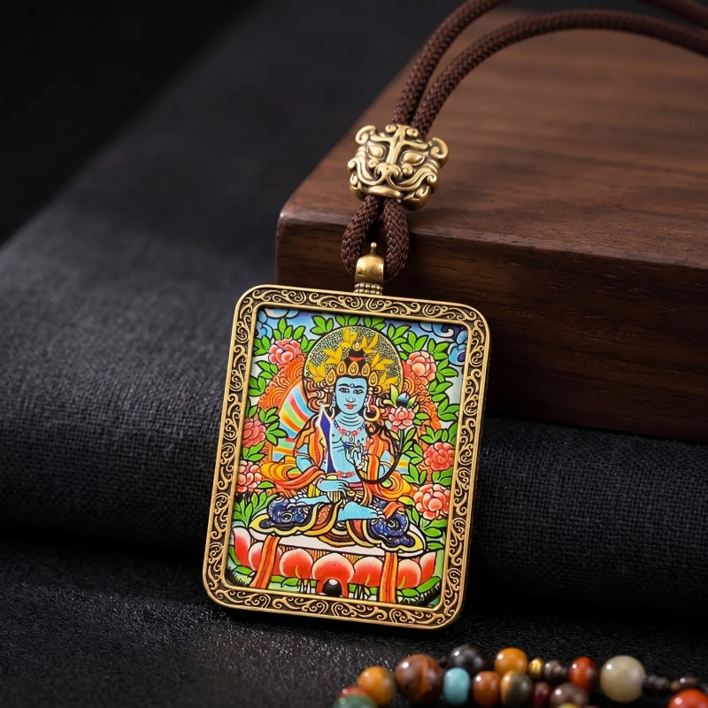 Vairocana Buddha Hand-Painted Thangka Pendant | Deity of Cosmic Light & Universal Wisdom Amulet thumbnail