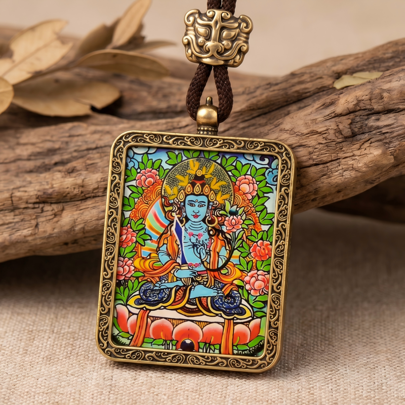 Vairocana Buddha Hand-Painted Thangka Pendant | Deity of Cosmic Light & Universal Wisdom Amulet thumbnail