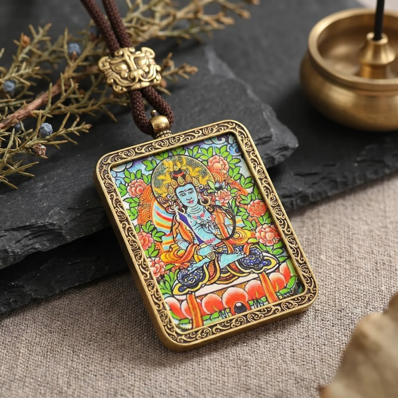 Vairocana Buddha Hand-Painted Thangka Pendant | Deity of Cosmic Light & Universal Wisdom Amulet thumbnail