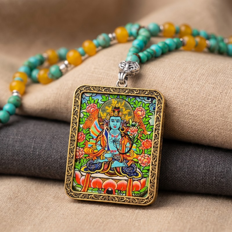 Vairocana Buddha Hand-Painted Thangka Pendant | Deity of Cosmic Light & Universal Wisdom Amulet thumbnail