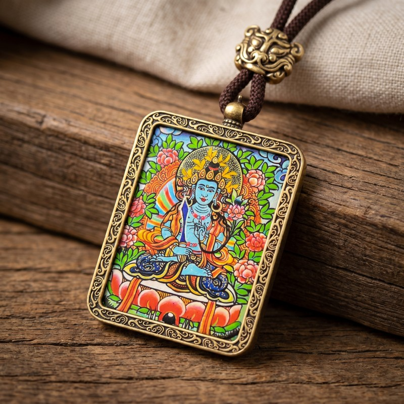 Vairocana Buddha Hand-Painted Thangka Pendant | Deity of Cosmic Light & Universal Wisdom Amulet thumbnail