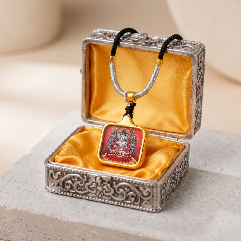 Vairocana (Four-Faced) Hand-Painted Thangka Pendant | Buddha of Universal Wisdom & Enlightenment Amulet thumbnail
