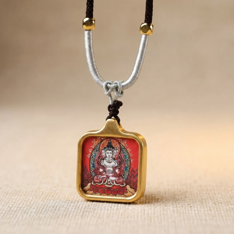 Vairocana (Four-Faced) Hand-Painted Thangka Pendant | Buddha of Universal Wisdom & Enlightenment Amulet thumbnail