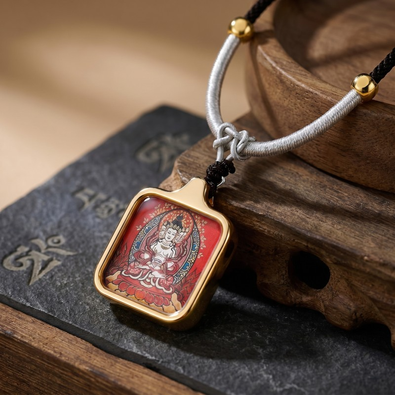 Vairocana (Four-Faced) Hand-Painted Thangka Pendant | Buddha of Universal Wisdom & Enlightenment Amulet thumbnail